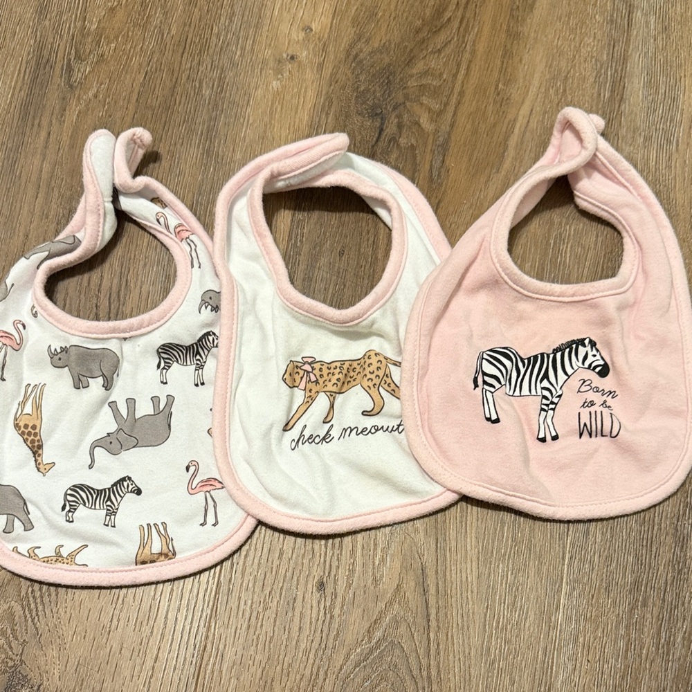 H&M Pink and White Animal Print Baby Bib Trio